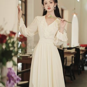 French V-Neck Long Sleeve A-Line Chiffon Dress