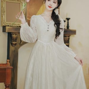 Fairy Princess Vintage Style Dress with Veil Sweet Lantern Sleeve Chiffon Dress