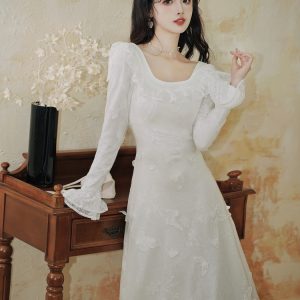 French Vintage 3D Butterfly Square Neck Long Sleeve Dress
