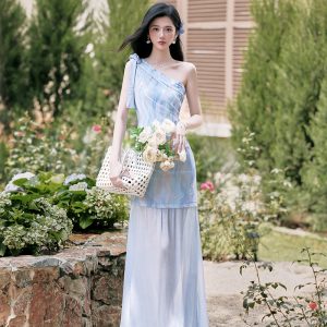 French Blue Gradient Romantic Vacation Spliced Shimmering Tulle Fairy Dress