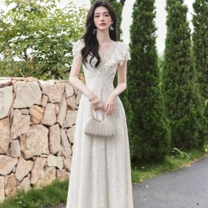 Forest Sweet V-Neck Lace-Up Fairy Long Dress with Textured Fabric