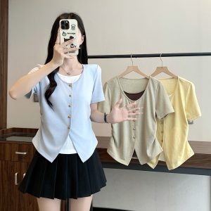 Plus Size Women's Color Block Faux Two Piece Cinched Waist Short Sleeve Top Summer 2026