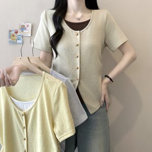 Plus Size Women's Color Block Faux Two-Piece Cinched Waist Short Sleeve Top Summer 2026