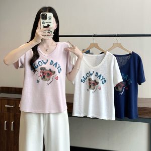 2026 Summer Plus Size V-Neck Cartoon Print Short Sleeve T-Shirt
