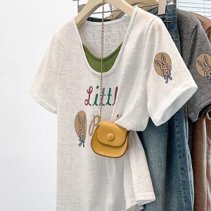 2026 Summer Plus Size Women's Short Sleeve Letter Print Color Block Slimming T-Shirt