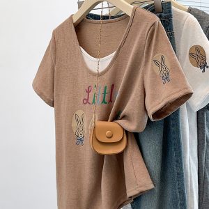 2026 Summer Plus Size Women's Casual Letter Print Color Block Slimming Short Sleeve T-Shirt - Style 068124