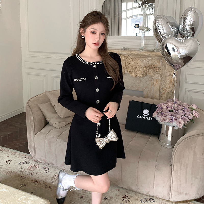 2025 New High Quality Rhinestone Knit Little Black Dress