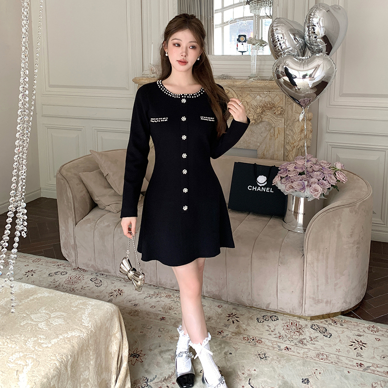 2025 New High Quality Rhinestone Knit Little Black Dress - Image 2