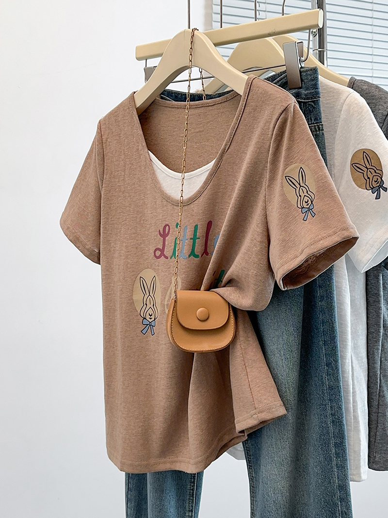 2026 Summer Plus Size Women's Short Sleeve Letter Print Color Block Slimming T-Shirt - Image 2