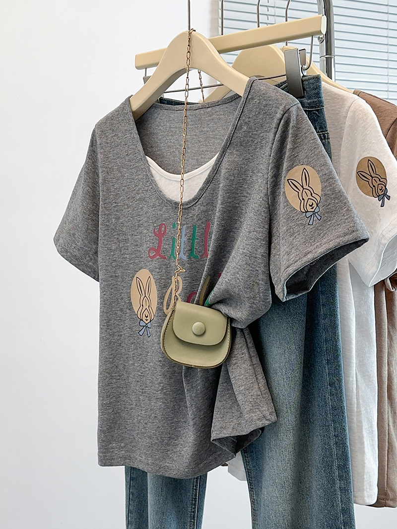 2026 Summer Plus Size Women's Short Sleeve Letter Print Color Block Slimming T-Shirt - Image 3