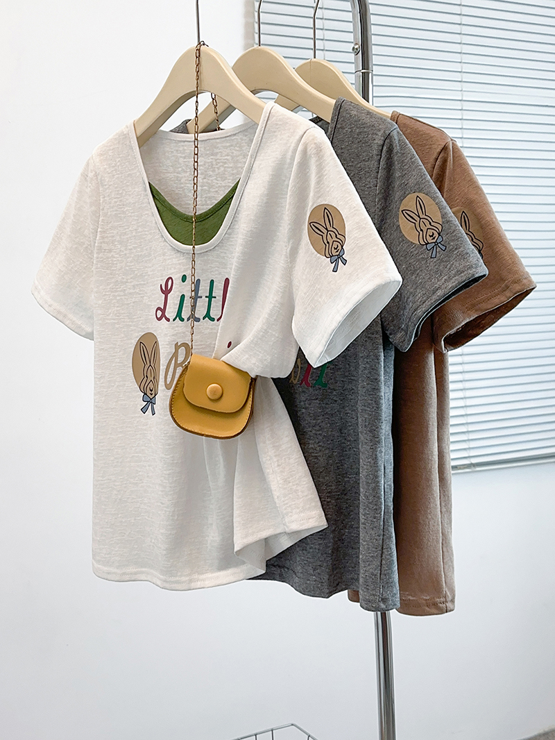 2026 Summer Plus Size Women's Short Sleeve Letter Print Color Block Slimming T-Shirt - Image 4