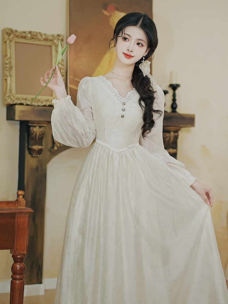 Fairy Princess Vintage Style Dress with Veil Sweet Lantern Sleeve Chiffon Dress
