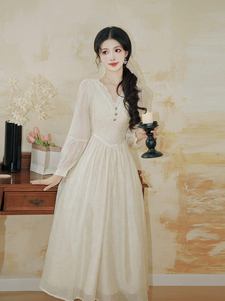 Fairy Princess Vintage Style Dress with Veil Sweet Lantern Sleeve Chiffon Dress - Image 2