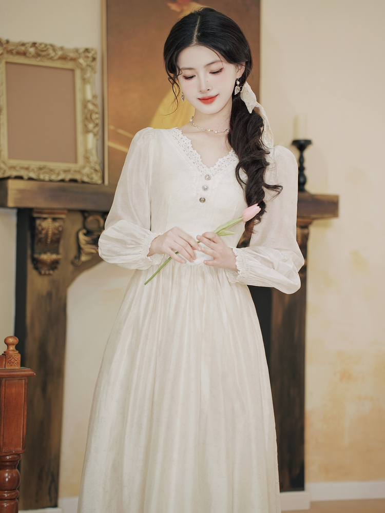 Fairy Princess Vintage Style Dress with Veil Sweet Lantern Sleeve Chiffon Dress - Image 3