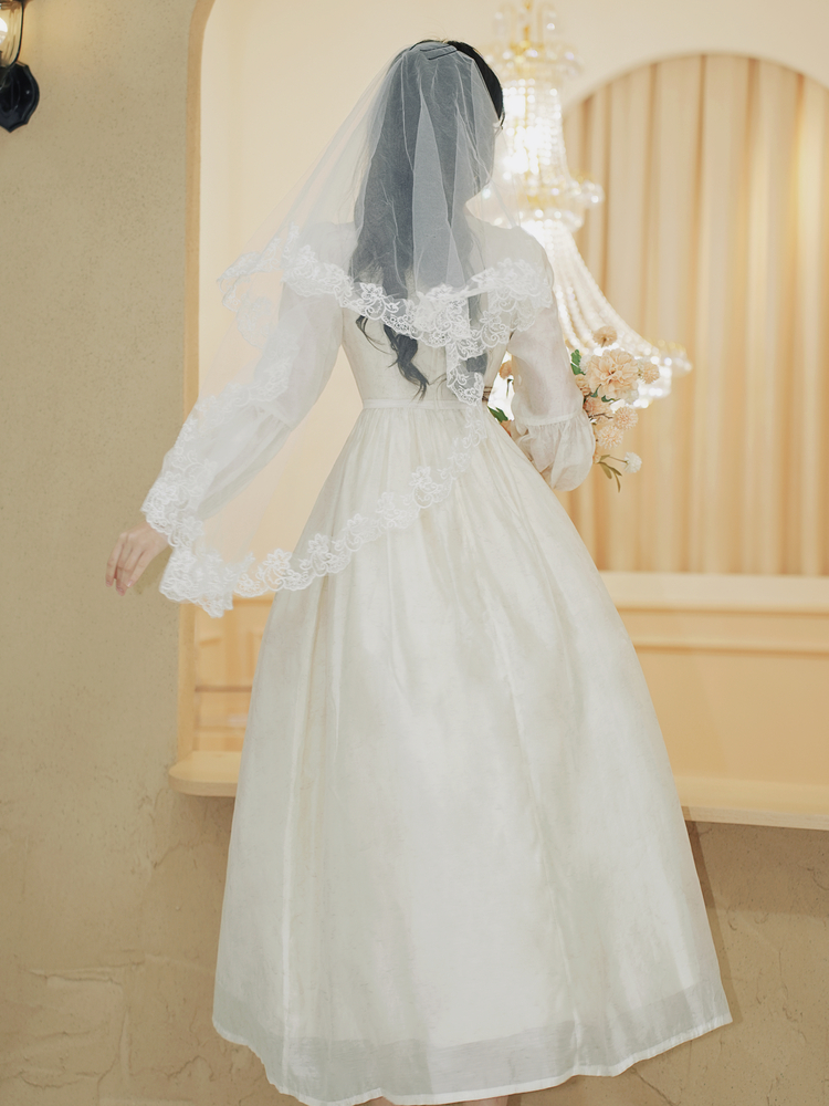 Fairy Princess Vintage Style Dress with Veil Sweet Lantern Sleeve Chiffon Dress - Image 4