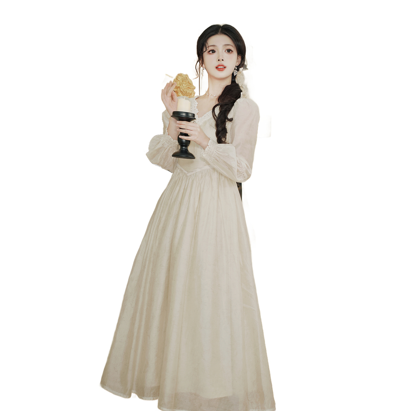 Fairy Princess Vintage Style Dress with Veil Sweet Lantern Sleeve Chiffon Dress - Image 5