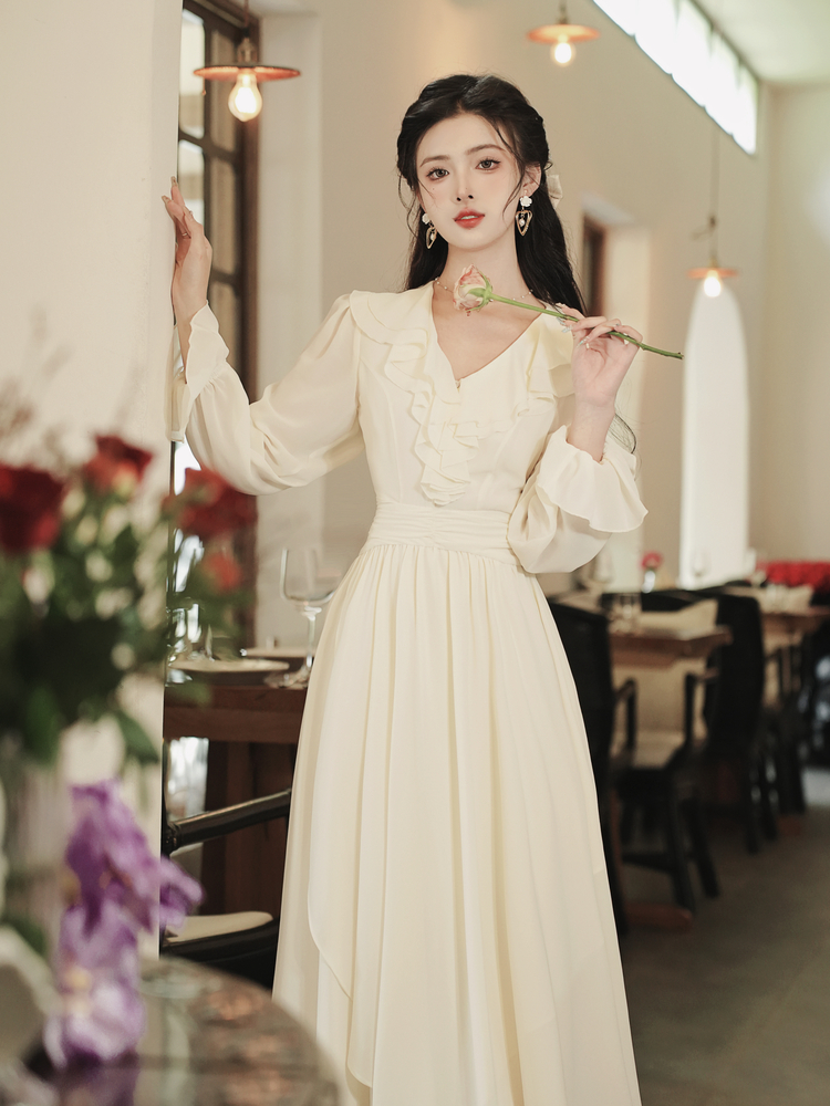 French V-Neck Long Sleeve A-Line Chiffon Dress