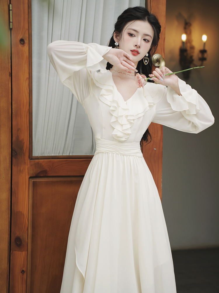French V-Neck Long Sleeve A-Line Chiffon Dress - Image 2