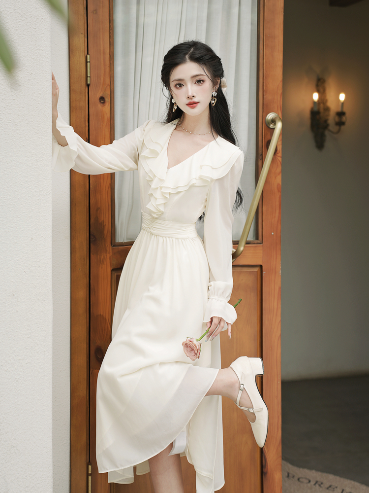 French V-Neck Long Sleeve A-Line Chiffon Dress - Image 3