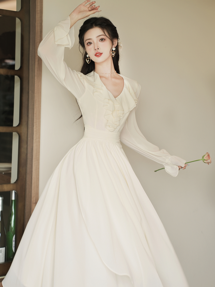 French V-Neck Long Sleeve A-Line Chiffon Dress - Image 4