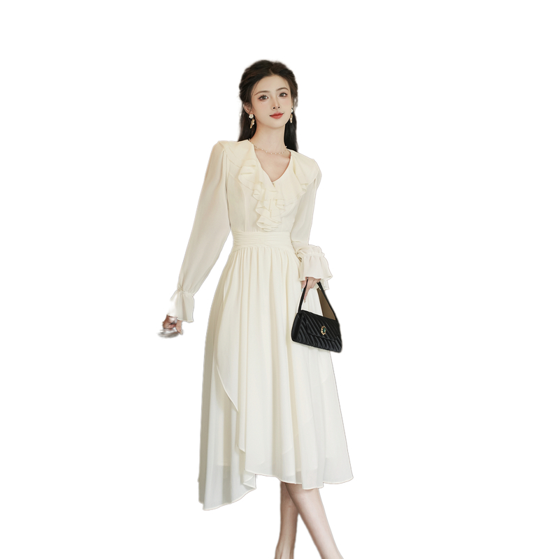 French V-Neck Long Sleeve A-Line Chiffon Dress - Image 5