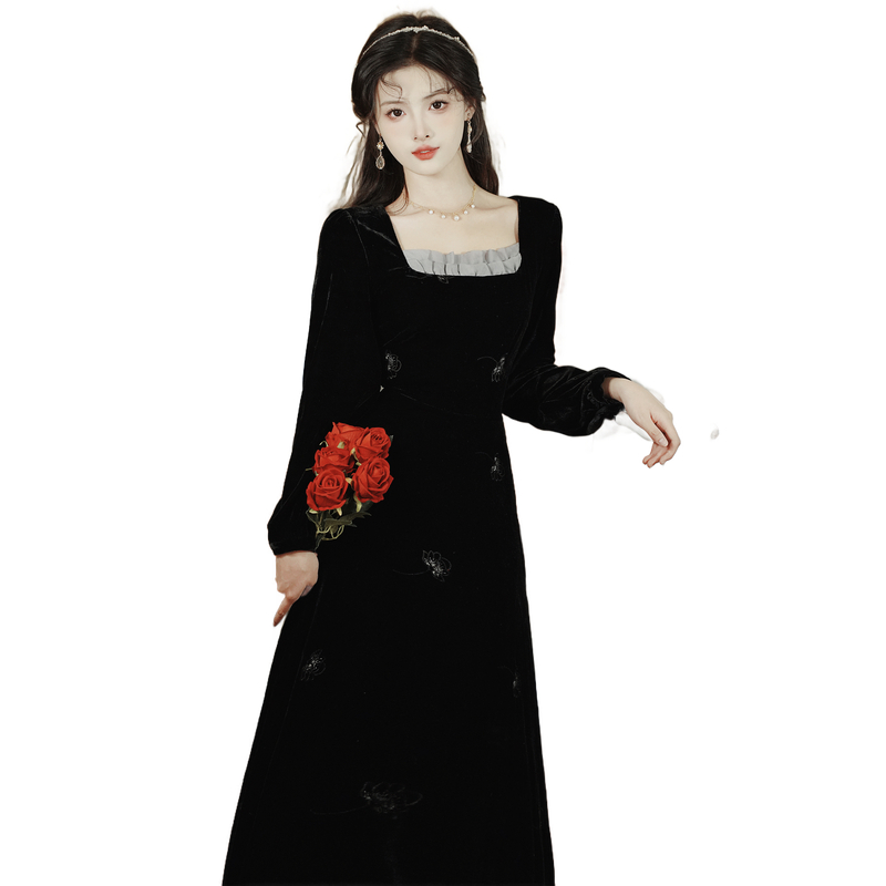 French Vintage Hepburn Style Velvet Embroidered Long Dress - Style 3dd575 - Image 5