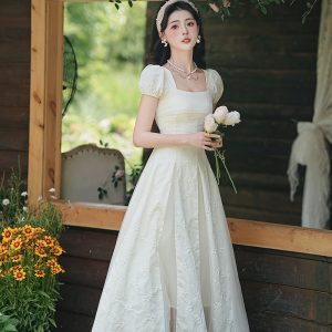 Gentle French Vintage Spliced Mesh First Love Square Neck Long Dress