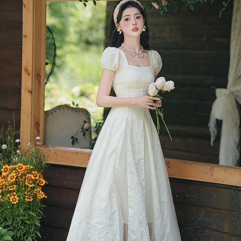 Gentle French Vintage Spliced Mesh First Love Square Neck Long Dress