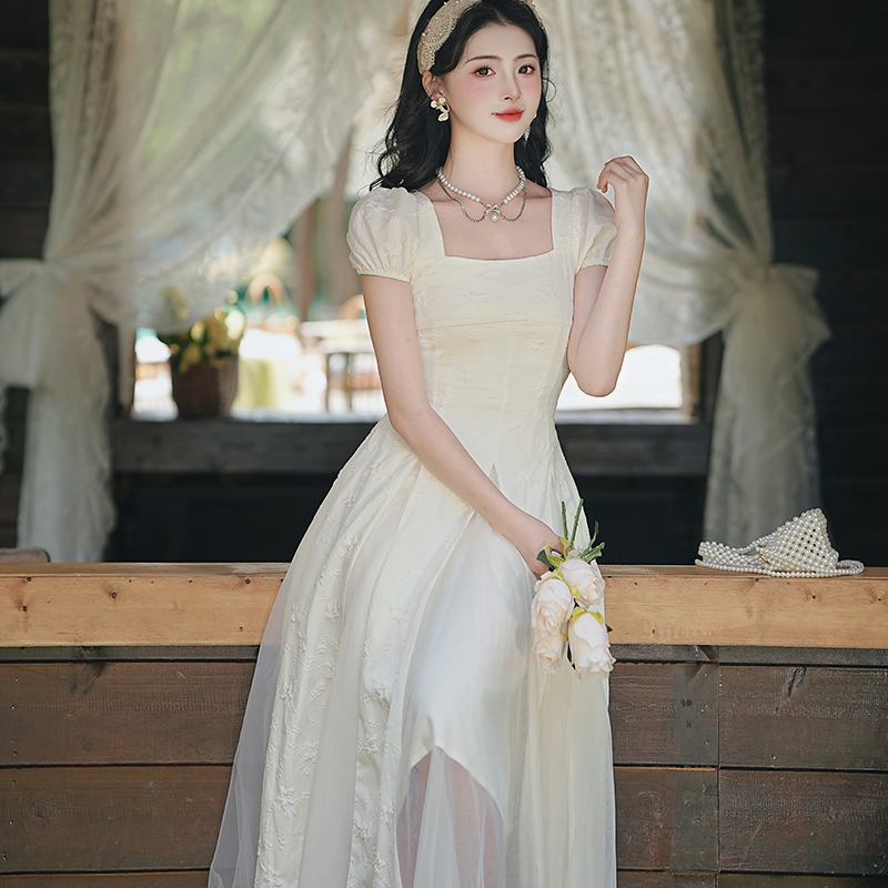 Gentle French Vintage Spliced Mesh First Love Square Neck Long Dress - Image 2