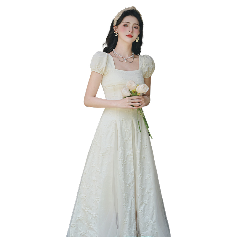 Gentle French Vintage Spliced Mesh First Love Square Neck Long Dress - Image 5