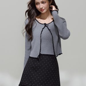 Korean Contrast Ruffle Knit Cardigan and Gray Vest Two-Piece Set for Fall Layering