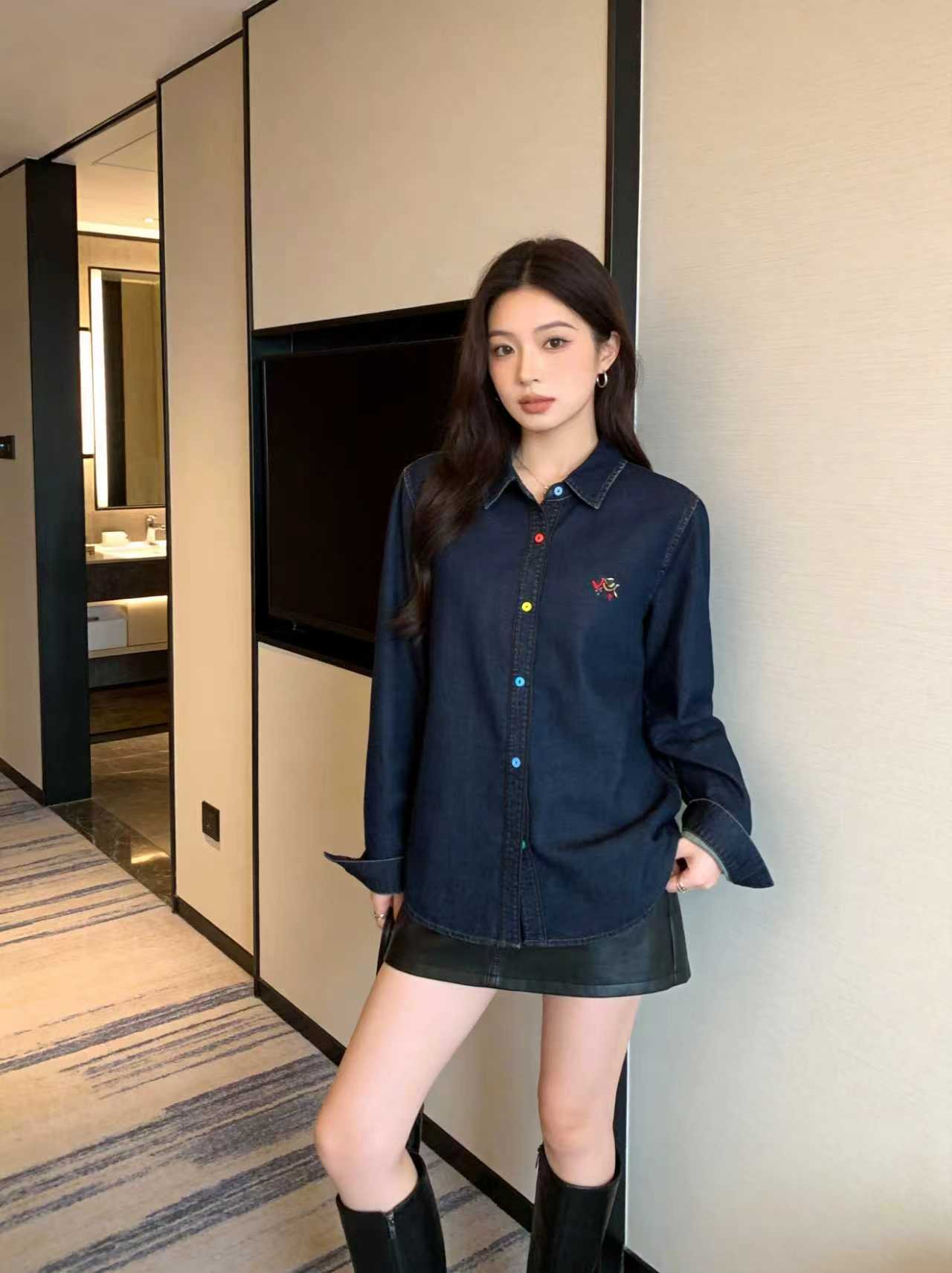 Korean Style Early Spring Cartoon Horse Embroidered Colorful Button Contrast Denim Shirt