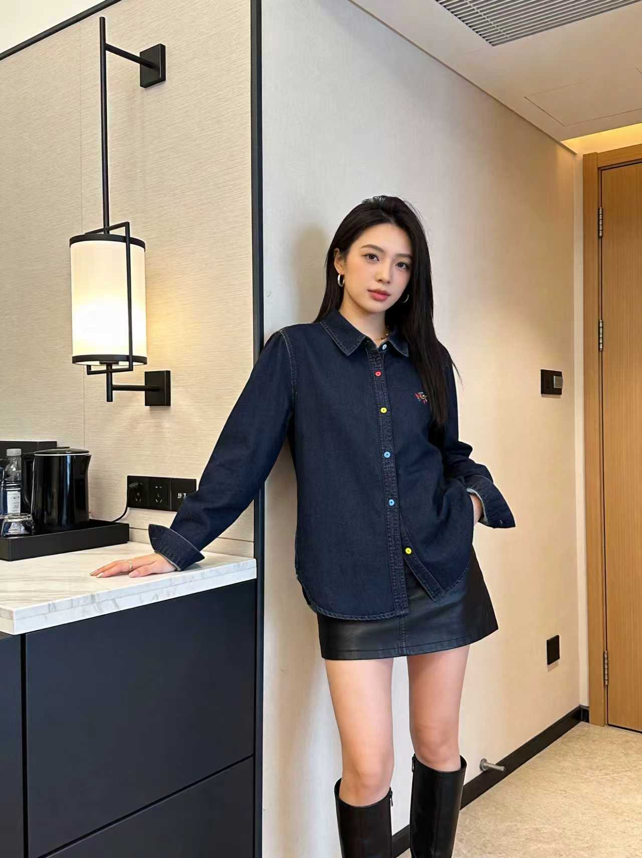 Korean Style Early Spring Cartoon Horse Embroidered Colorful Button Contrast Denim Shirt - Image 2