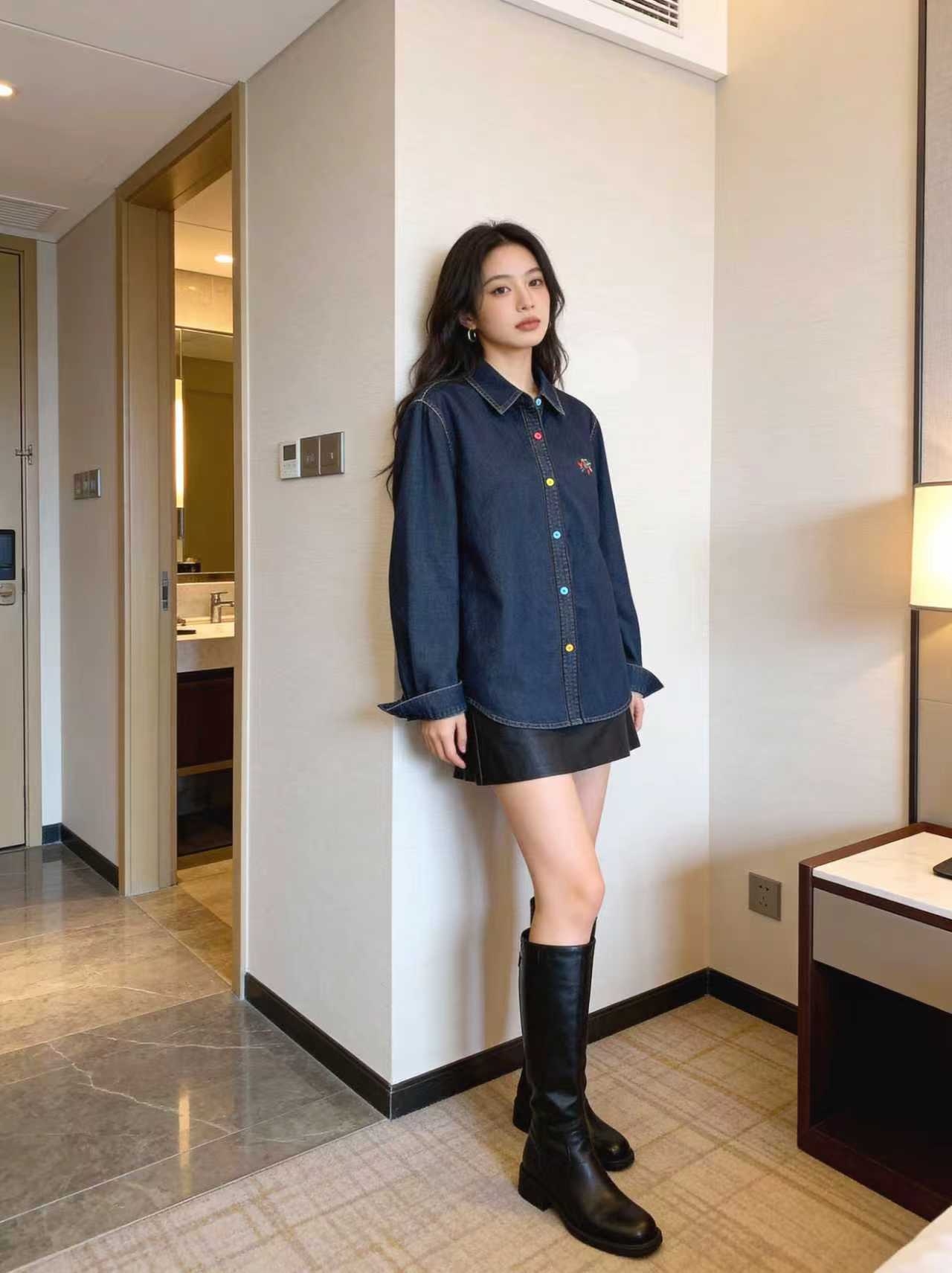 Korean Style Early Spring Cartoon Horse Embroidered Colorful Button Contrast Denim Shirt - Image 4