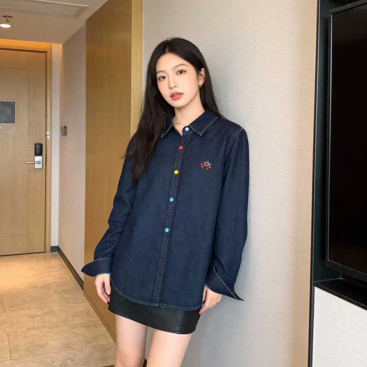 Korean Style Early Spring Cartoon Horse Embroidered Colorful Button Contrast Denim Shirt - Image 5