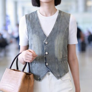 Korean Style Retro Denim Vest for Women - Blue Button-Up Sleeveless Jacket