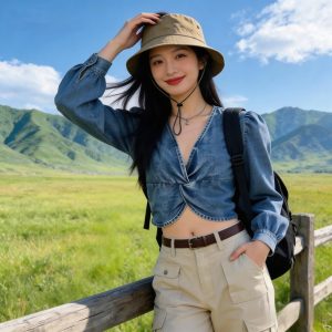 Korean Style Sexy V-Neck Twist Side Zip Puff Sleeve Lightweight Denim Top