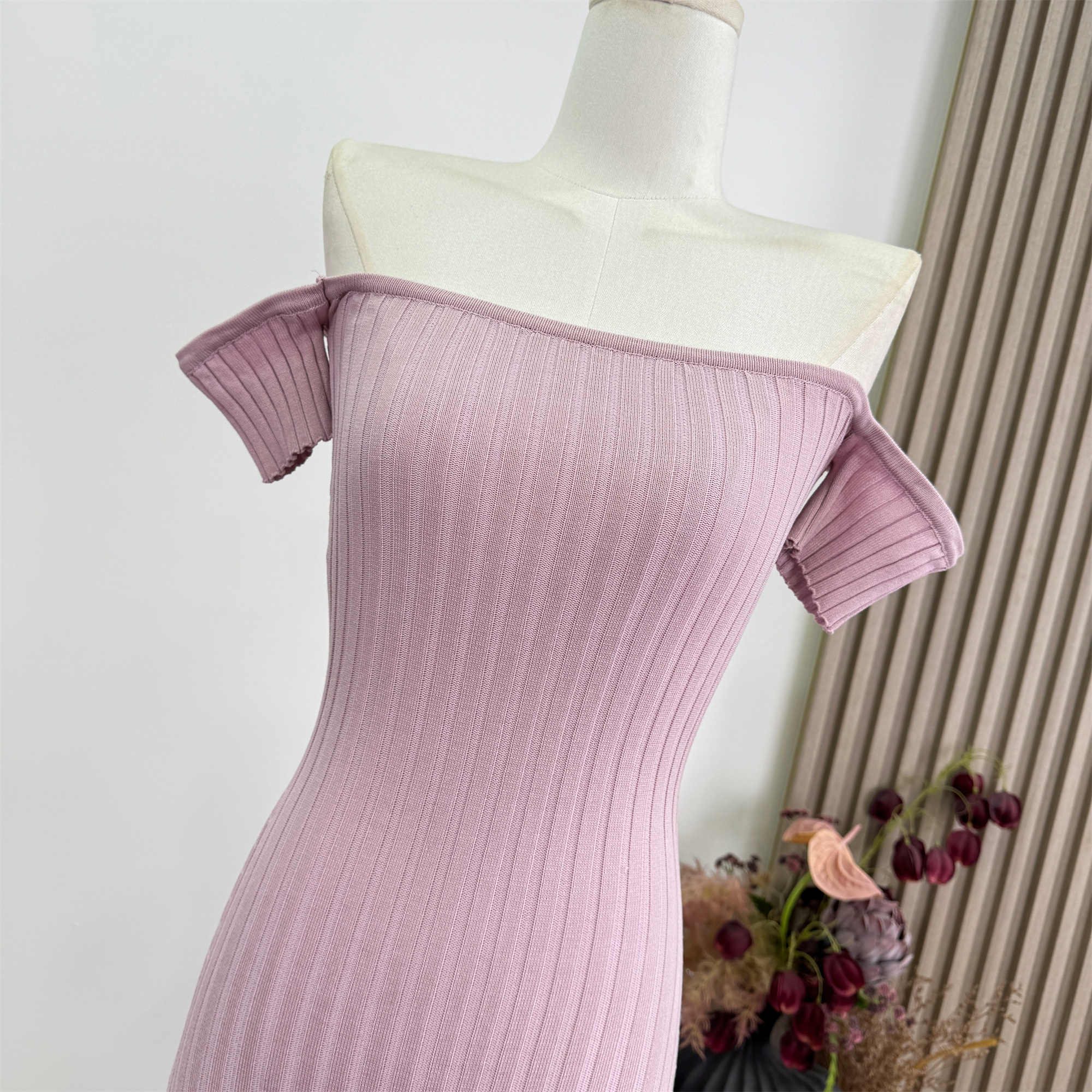 Off-Shoulder Knit Bodycon Dress for Women Slimming Summer Long Dress - Image 2
