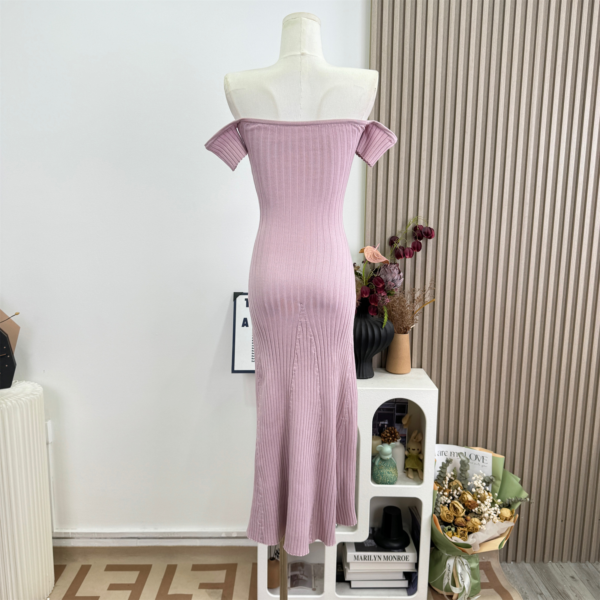 Off-Shoulder Knit Bodycon Dress for Women Slimming Summer Long Dress - Image 4