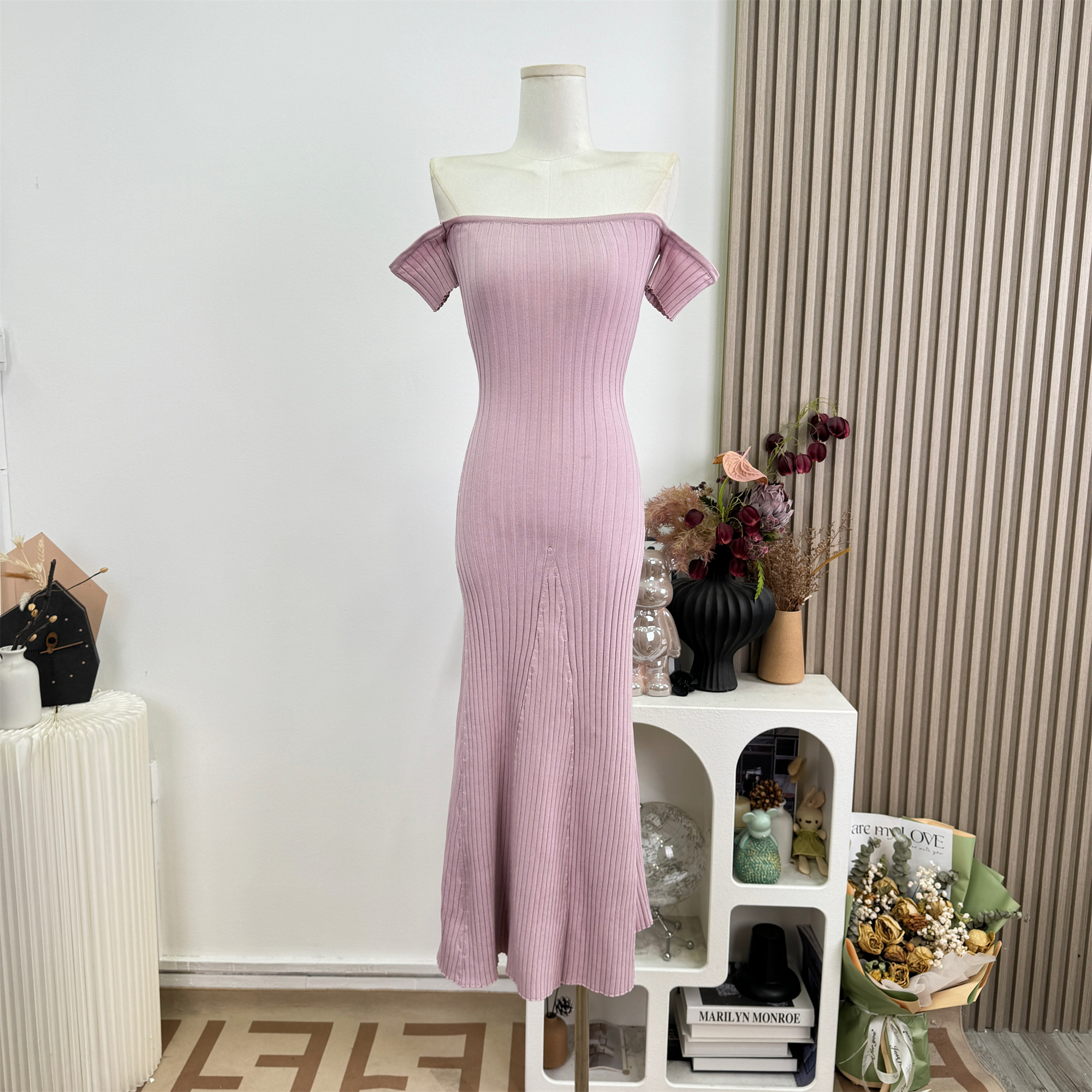 Off-Shoulder Knit Bodycon Dress for Women Slimming Summer Long Dress - Image 5