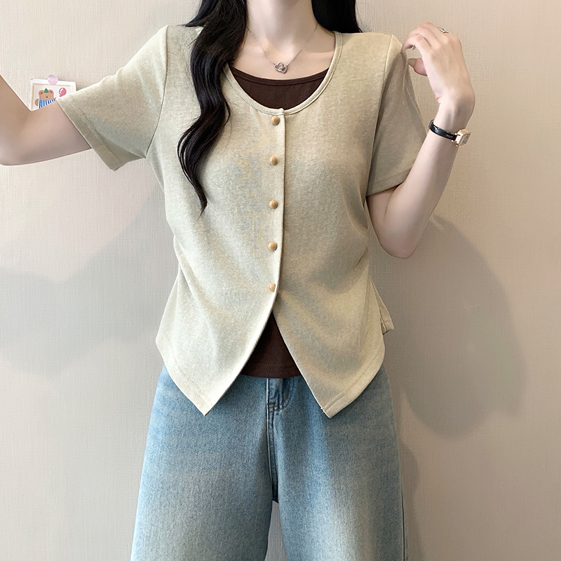 Plus Size Women's Color Block Faux Two Piece Cinched Waist Short Sleeve Top Summer 2026 - Image 5