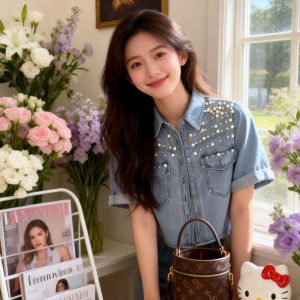 Spring Summer Korean Style Beaded Denim Short Sleeve Top