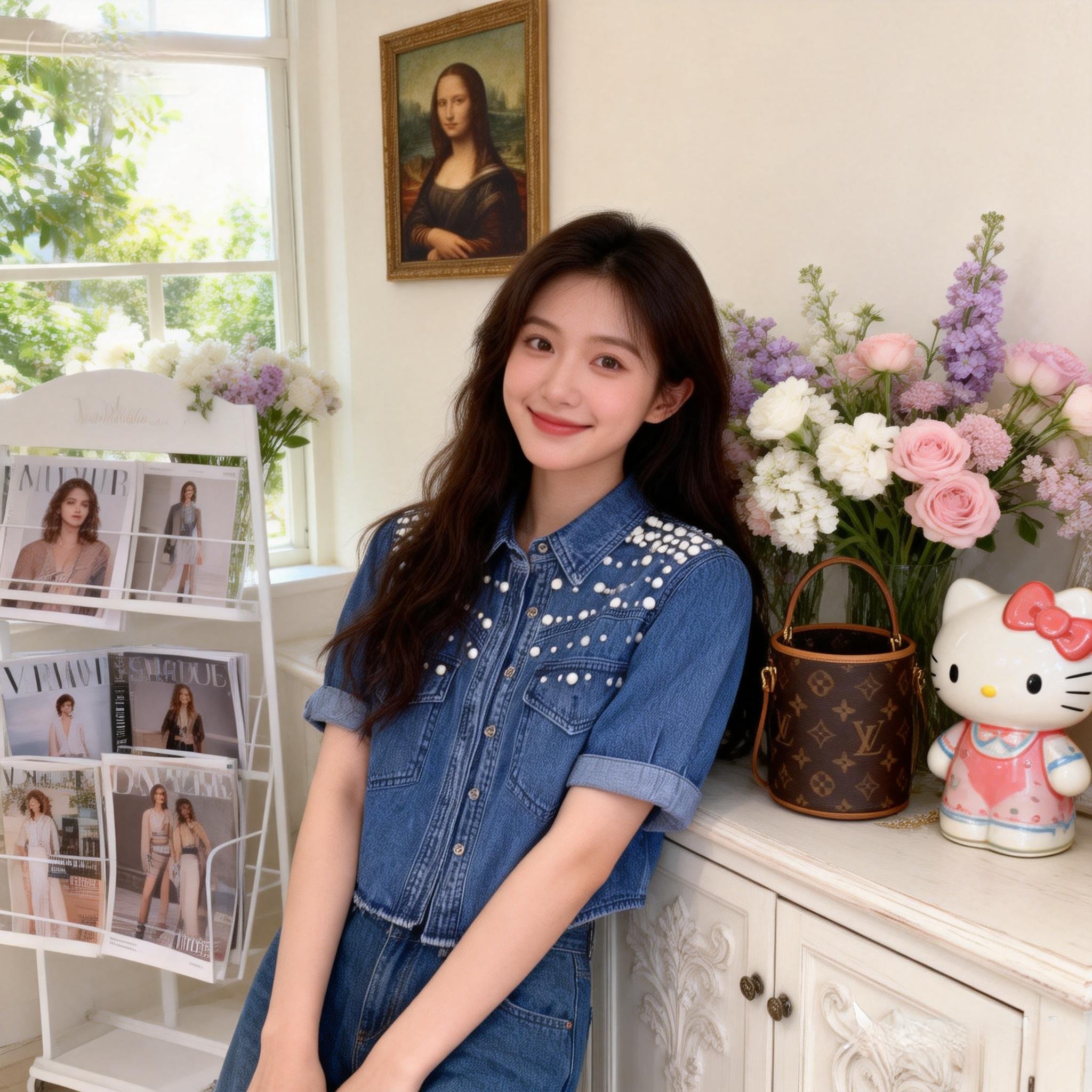 Spring Summer Korean Style Beaded Denim Short Sleeve Top - Image 2