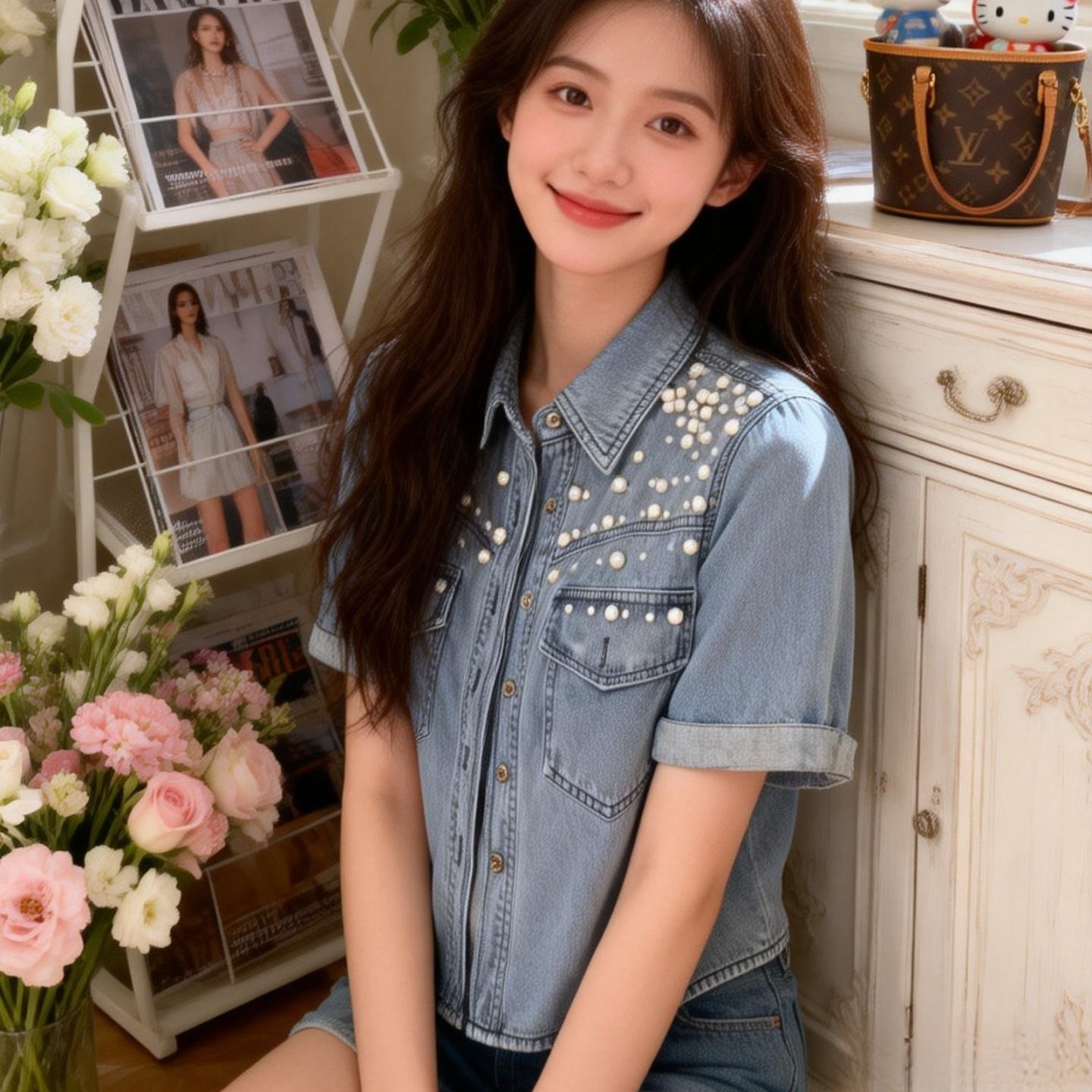 Spring Summer Korean Style Beaded Denim Short Sleeve Top - Image 3