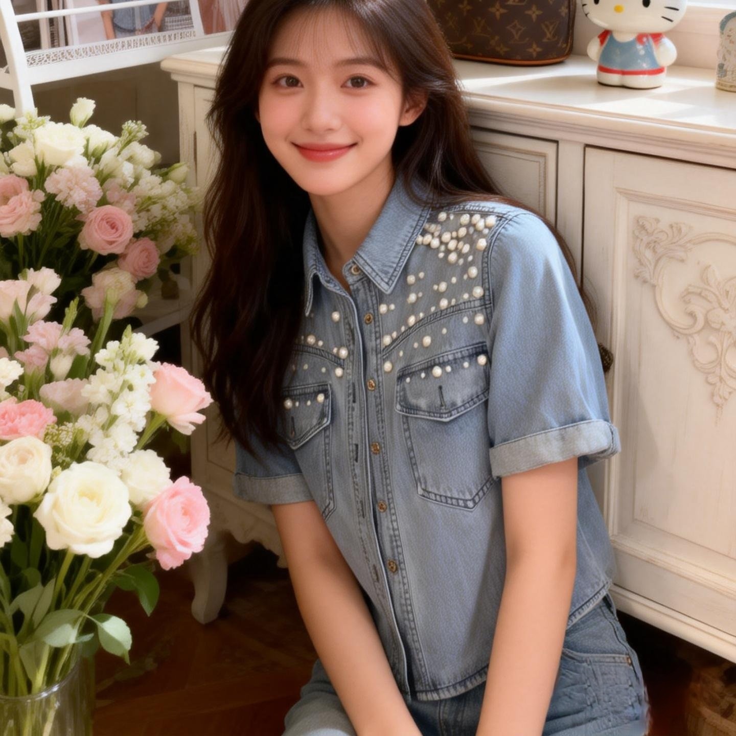 Spring Summer Korean Style Beaded Denim Short Sleeve Top - Image 5