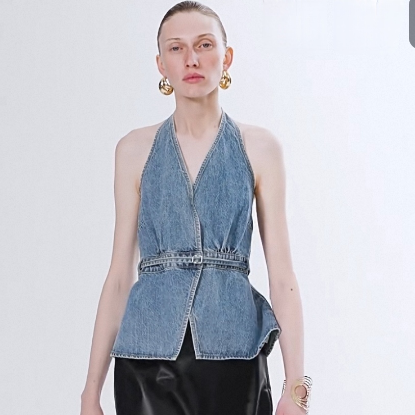 Spring Summer Retro Halter Open Back Cinched Umbrella Hem V Neck Denim Top