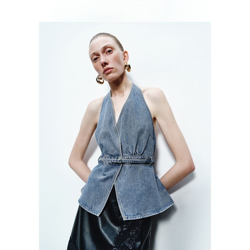 Spring Summer Retro Halter Open Back Cinched Umbrella Hem V Neck Denim Top - Image 2