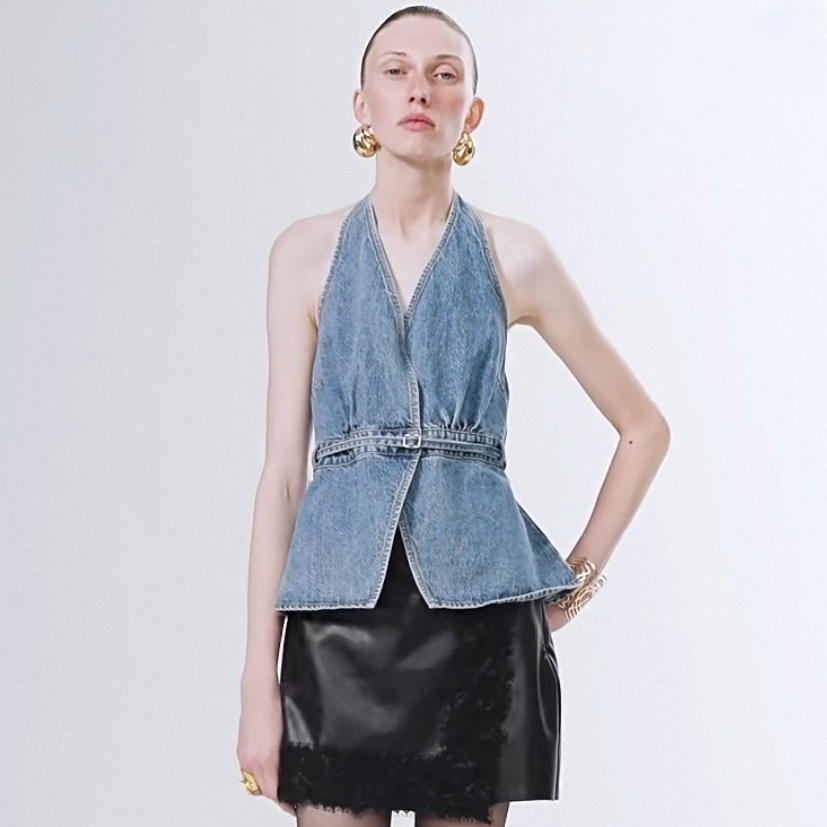 Spring Summer Retro Halter Open Back Cinched Umbrella Hem V Neck Denim Top - Image 3
