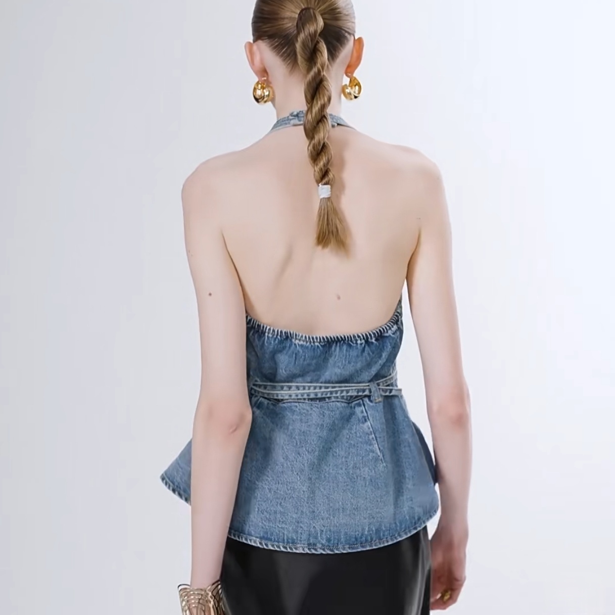 Spring Summer Retro Halter Open Back Cinched Umbrella Hem V Neck Denim Top - Image 4