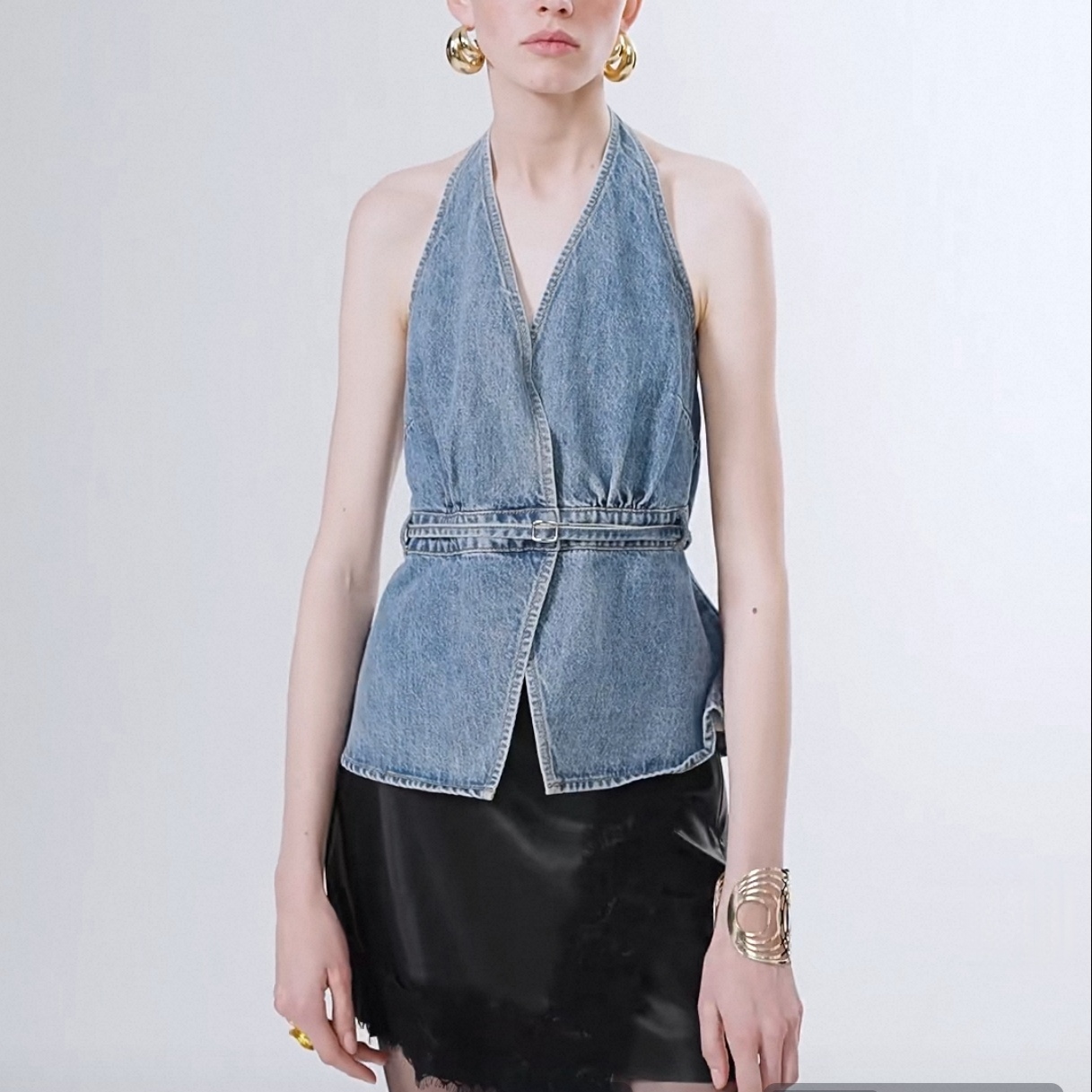Spring Summer Retro Halter Open Back Cinched Umbrella Hem V Neck Denim Top - Image 5